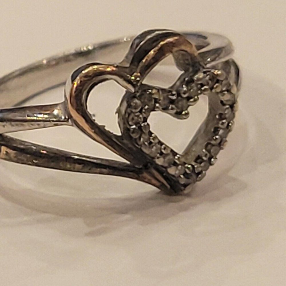 Sterling Silver 925 & 10K Yellow Gold SUN Double Heart Diamond-Accent Ring Sz 6